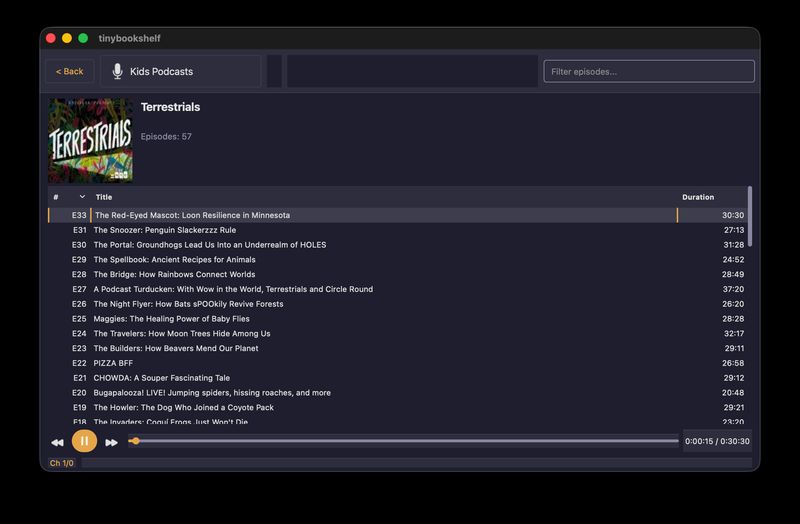 tinybookshelf showing a podcast episode list