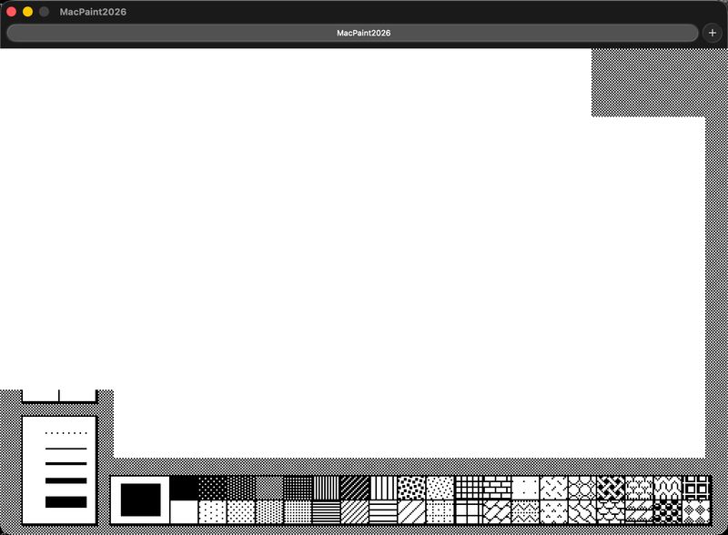 Three minutes after reporting a blank screen — desktop pattern, fill patterns, no tool icons. Half-formed but unmistakably MacPaint.