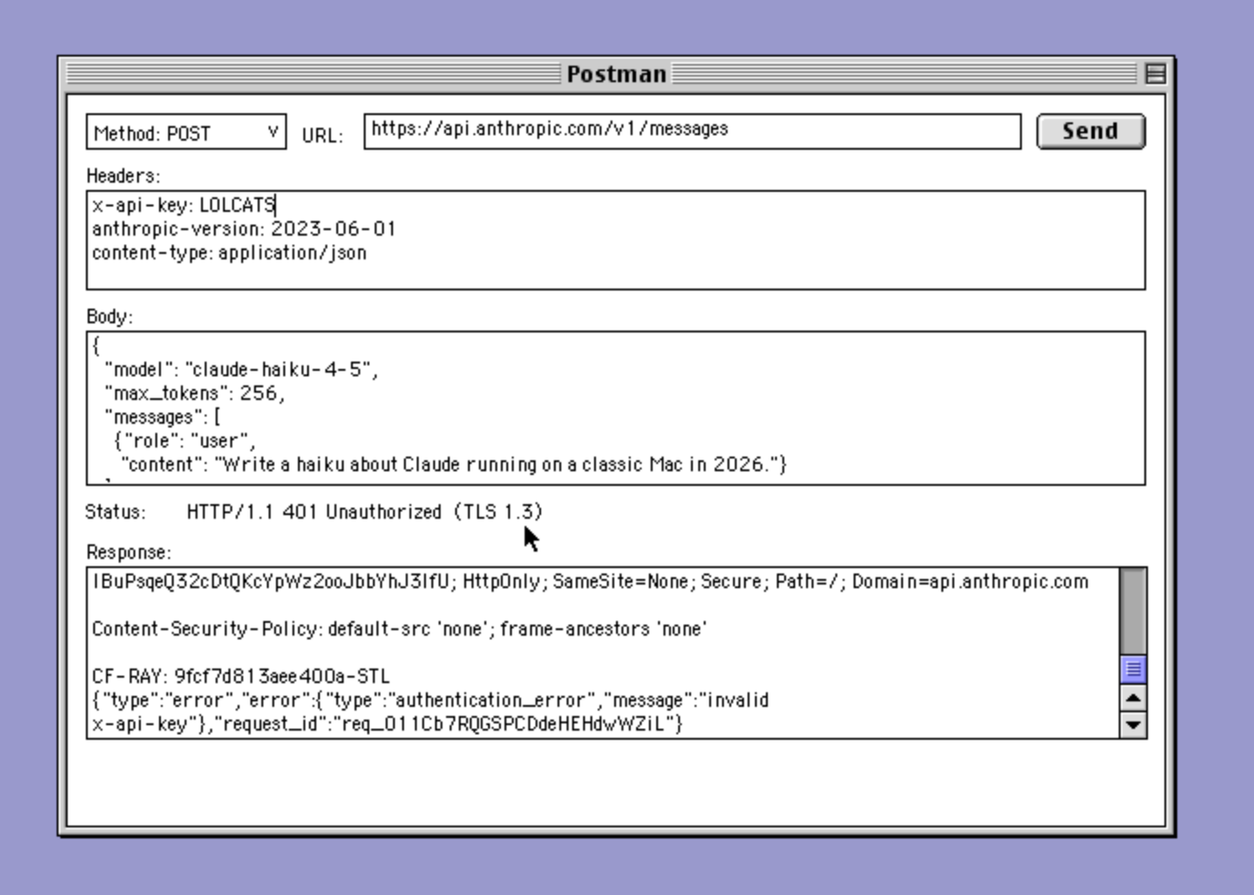 Postman example app on Mac OS 9 making a TLS 1.3 POST to api.anthropic.com/v1/messages, with a 401 Unauthorized response visible