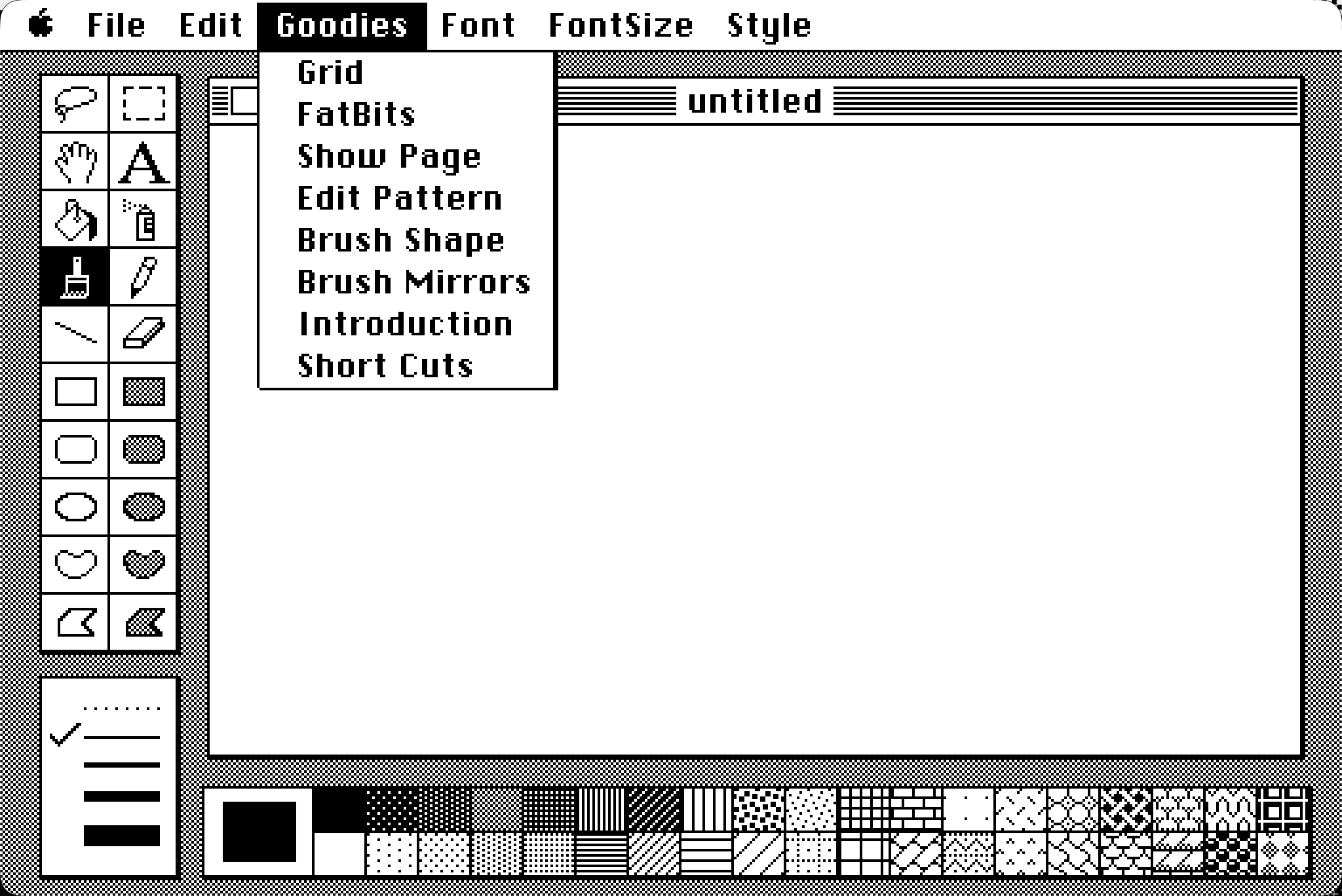 MacPaint Goodies dropdown menu with Grid, FatBits, Show Page, Edit Pattern, Brush Shape, Brush Mirrors