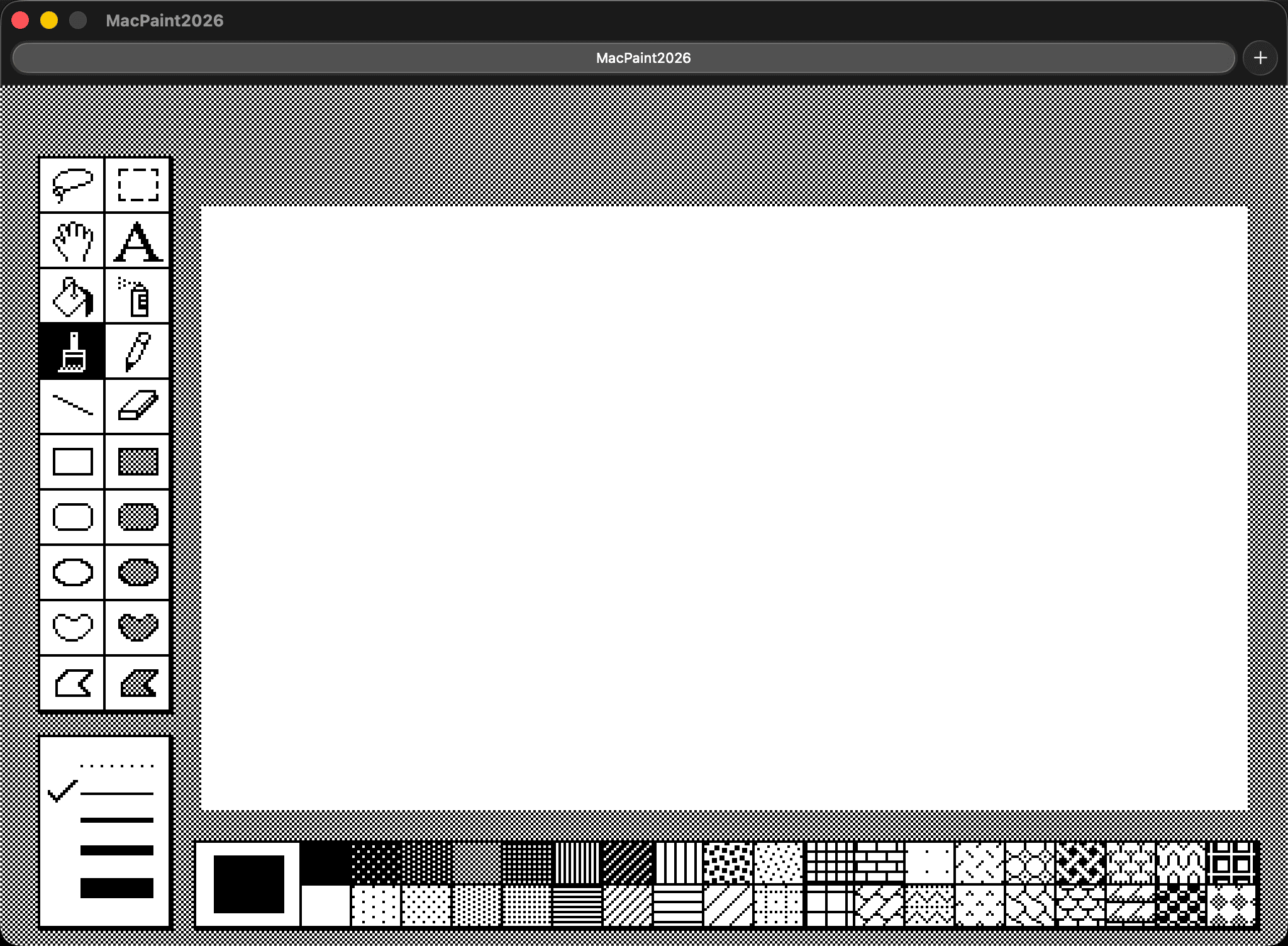 MacPaint tool palette with icons extracted from original 1984 disk image by Claude Code — pencil, paintbrush, spray can, line tool, and shape tools visible