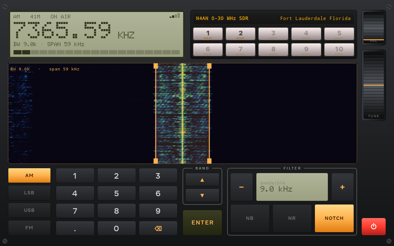 Shortport running on a Meta Portal: an olive dot-matrix LCD showing frequency, mode, S-meter and a live spectrum waterfall